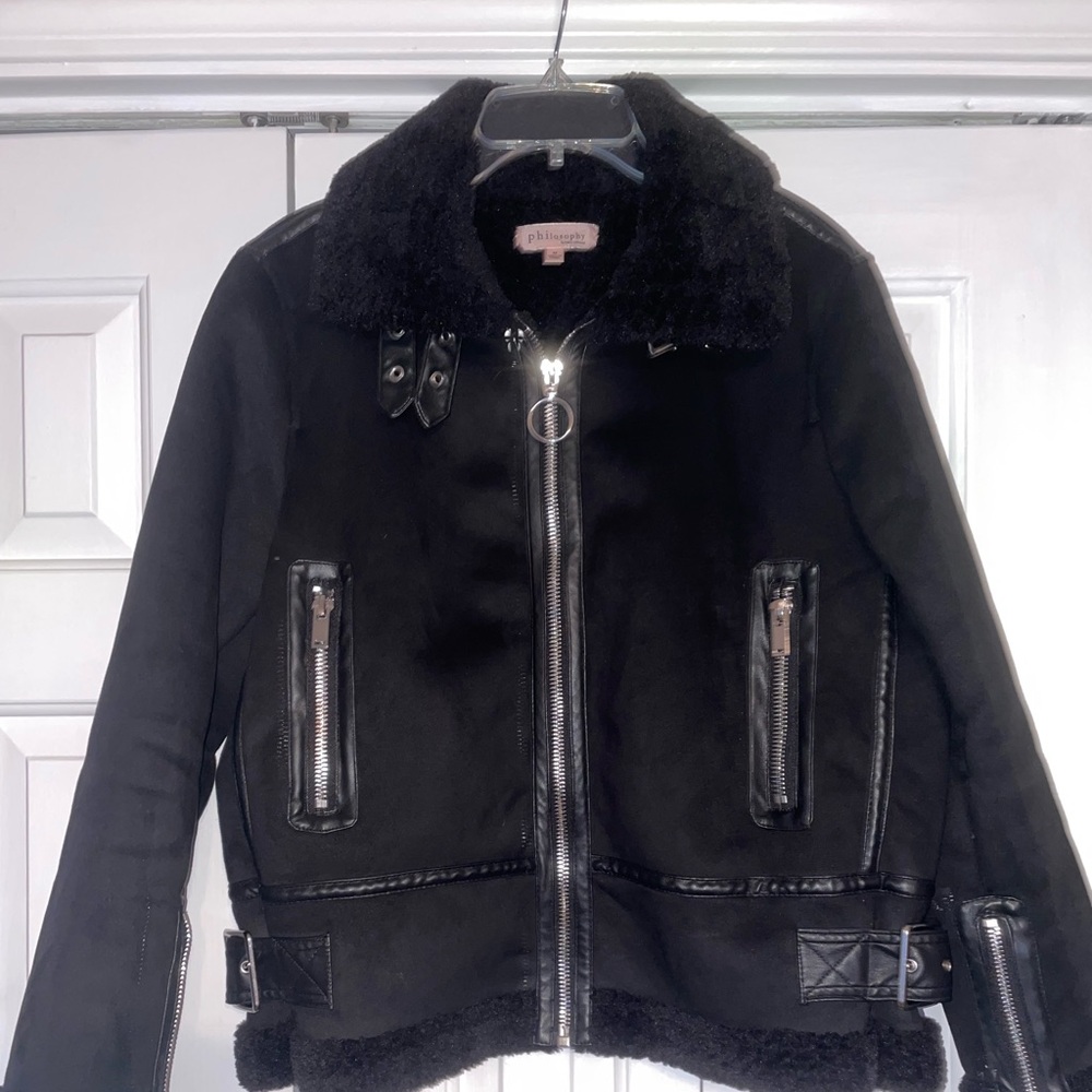 Philosophy suede black jacket with fur lined. With zippers in the front.